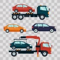 Set of cars evacuating broken or damaged auto on transparent background. Evacuator carrying car to the parking lot Royalty Free Stock Photo