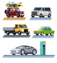 Passenger car. SUV. Family minivan. Flatbed truck. Electric car