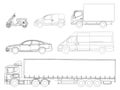 Set cars outline. Logistics transport. Side view truck trailer, Semi truck, cargo delivery, van, minivan and scooter