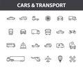 Set of 24 Cars and transport web icons in line style. Airplane, bus, parking, travel, train, comfortable. Vector