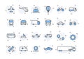 Set of 24 Cars and transport web icons in line style. Airplane, bus, parking, travel, train, comfortable. Vector illustration Royalty Free Stock Photo