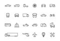 Set of 24 Cars and transport web icons in line style. Airplane, bus, parking, travel, train, comfortable. Vector