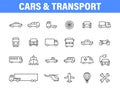 Set of 24 Cars and transport web icons in line style. Airplane, bus, parking, travel, train, comfortable. Vector Royalty Free Stock Photo