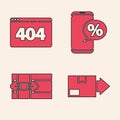 Set Carton cardboard box, Page with a 404 error, Percent discount and phone and Gift box icon. Vector