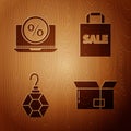 Set Carton cardboard box, Percent discount and laptop, Earring and Shoping bag with Sale on wooden background. Vector