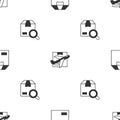 Set Carton cardboard box, Plane and and Search package on seamless pattern. Vector