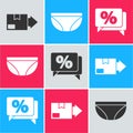 Set Carton cardboard box, Underwear and Discount percent tag icon. Vector