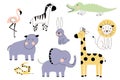 Set of cartoon African animals. A Giraffe, a lion, an elephant, a zebra, a hippo. Vector EPS Royalty Free Stock Photo