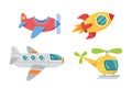 Set of Cartoon Airline Transportation In Childish Style. Rocket, Airplane or Helicopter Air Transport, Children Toys Royalty Free Stock Photo