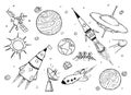Set of Cartoon Alien Spaceships, UFO, Rockets, Planets and Space Props