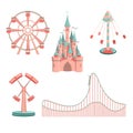 Set of cartoon amusement park rides icons