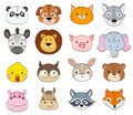set of cartoon animal faces on white. baby animals symbols drawing vector illustration Royalty Free Stock Photo