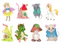 Set of cartoon animals characters. Mice, snails, fairy, unicorn, dragon and mushroom. Royalty Free Stock Photo