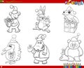 Set of cartoon animals on Christmas time coloring book page Royalty Free Stock Photo