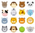 Set of cartoon animals faces. Vector collection of cute jungle a