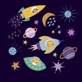 Set of cartoon animals flying in space