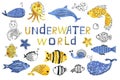 Set with cartoon animals of the underwater world. Sea mammals. Fish, whales, dolphins, algae for the design of children`s product