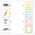 Set of cartoon anteater, kangaroo, koala and platypus. Educational game for kids.