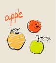 Set of cartoon apple pattern with hand drawn fruits.