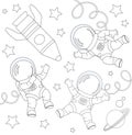 Set of cartoon astronauts flying in space with rocket, planet and stars. Black and white