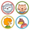 Set of cartoon avatars of cute animals, sloth, cat in glasses, lion, otter. round frame, wild animal Royalty Free Stock Photo