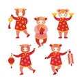 Set of cartoon baby bull girls in red traditional Chinese clothes and with new years symbols of good luck. Chinese new year ox.