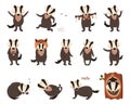 Set of cartoon badgers. Vector illustration on white isolated background for print design