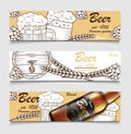 Set of cartoon banners with beer glasses, bottle and hops. Beer brewery vintage banner design. Sketch poster of alcohol