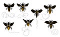 Set of cartoon bee mascot. A small bees flying on a dotted route. Wasp collection. Vector characters. Incest icon Royalty Free Stock Photo