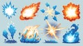 Set of cartoon blast effects for 2D game animation with blue smoke clouds and magic explosions. Royalty Free Stock Photo