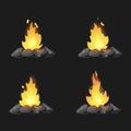 Set of cartoon Bonfires with stones on black background isolated illustration. Camping fire evolution