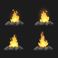 Set of cartoon Bonfires with stones on black background isolated illustration. Camping fire evolution