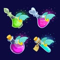 Set of Cartoon Bottles potion with wings.