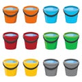 Set of cartoon buckets with water isolated on white background. Colorful plastic or metallic buckets with and without shadow