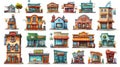 Set of cartoon buildings isolated on a white background. Apartment houses, pubs, cafes, bookstores, grocery shops with Royalty Free Stock Photo