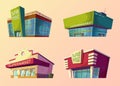 Set of cartoon buildings of modern supermarkets and old shops