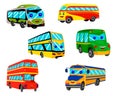 A set of cartoon buses with eyes and a smile in red, yellow and green. city transport, double-decker bus, school bus Royalty Free Stock Photo