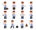 Set of cartoon businessman in a flat style. Businessman in various poses and actions isolated on a white background.