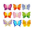 Set of 9 cartoon butterfly. Vector illustration isolation on white background.