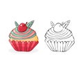 Set cartoon cakes in vector. Hand drawn dessert in vintage style. Cap cake with cream and cherry. Sweet food isolated on white Royalty Free Stock Photo