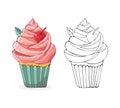 Set cartoon cakes in vector. Hand drawn dessert in vintage style. Cap cake with cream and cherry. Sweet food isolated on white Royalty Free Stock Photo