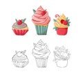 Set cartoon cakes in vector. Hand drawn dessert in vintage style. Cap cake with cream and cherry. Sweet food isolated on white Royalty Free Stock Photo