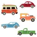 A set of cartoon cars. Collection of old cars. Truck. Transport. Vector illustration.