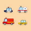 Set of cartoon cars: police car, ambulance, firefighter truck, taxi. Royalty Free Stock Photo