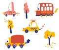 Set of cartoon cars. Various cars, truck, passenger car, taxi, tourist bus and autumn trees. Urban transport. For design of Royalty Free Stock Photo
