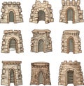 Set of cartoon castles stone towers isolated monochrome icons. Round constructions to defense kingdom, ancient security castles,