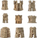 Set of cartoon castles stone towers isolated monochrome icons. Round constructions to defense kingdom, ancient security castles,
