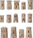 Set of cartoon castles stone towers isolated monochrome icons. Round constructions to defense kingdom, ancient security castles,