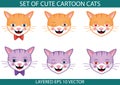 Set of cartoon cat face vector isolated on white. Cute smiling kitties with bows, winking eyes.