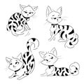 Set of cartoon cats. Collection of cute spotted kittens. Black and white drawing for children with playing cats. Linear